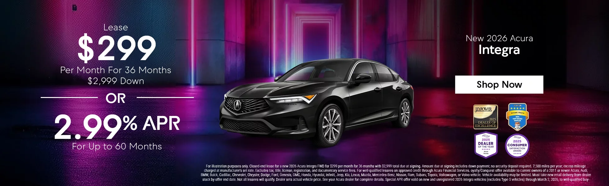 New 2026 Acura Integra Lease	$299/Mo For 36 Mo $2,999 Down